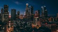 Drone shot of the city skyline at night in Los Angeles, California Royalty Free Stock Photo