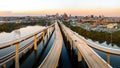 Drone shot of Highway bridges and Baltimore City's buildings in the background at sunset Royalty Free Stock Photo