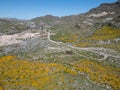 Aerial shot, historic mining town, Oatman Arizona, Spring super bloom Royalty Free Stock Photo