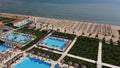 Drone shot of a hotel territory with sea and swimming pools in Hurghada, Egypt