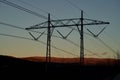 Drone shot of Huge electricity pylon in evening lights on a Norwegian highland