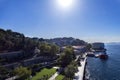 Drone shot Istanbul Uskudar Pasalimani historical buildings with sunshine