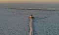 Drone shot of the Lorain lighthouse at sunset