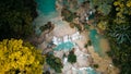 Drone Shot of Luang Prabang`s best Attraction, Kuang Si Waterfalls in Laos, Long Exposure.