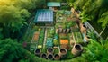 Drone shot of a lush sustainable garden incorporating solar panels and compost bins. AI generated.