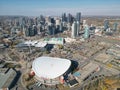 Drone shot over Calgary Stampede Grounds, Downtown Calgary looking to northwest buildings