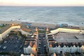 Drone shot of the Pier Village in Long Branch, New Jersey, and the Atlantic Ocean at sunset