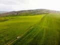 Drone shot revealing panning view 4x4 vehicle drive outdoors in high grass meadow field on tour in Vashlovani national park.