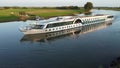 Drone shot of river cruise ship MS Dutch Opera sails on the IJssel near Dieren