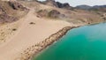 Drone shot of river Ili and herd of sheep