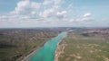 Drone shot of river Ili and spring steppe in Kazakhstan