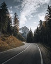 Drone shot of the road to Dolomites, Italy