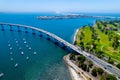 Drone shot of sailing boats near to San Diego-Coronado Bridge on a sunny day in California, USA Royalty Free Stock Photo