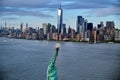 Drone shot of Statue of Liberty and lower Manhattan skyline, New York, USA Royalty Free Stock Photo