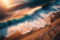 Drone shot of waves on a sandy beach at sunset. Royalty Free Stock Photo