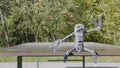 Drone is sitting on table. Action. Funny figure from drone sitting on table in Park. Robotic drone sits and amusingly