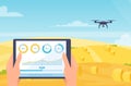 Drone smart farm mobile technology, cartoon farmer hands holding tablet with diagram