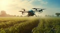 A drone spraying crops in a precision agriculture setting, illustrating the role of technology in optimizing farming