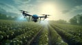 A drone spraying crops in a precision agriculture setting, illustrating the role of technology in optimizing farming