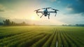 A drone spraying crops in a precision agriculture setting, illustrating the role of technology in optimizing farming