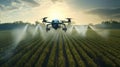 A drone spraying crops in a precision agriculture setting, illustrating the role of technology in optimizing farming