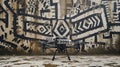 A drone stands before a wall with black and white graffiti art in an urban setting on a wet surface Royalty Free Stock Photo