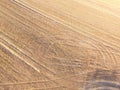 Aerial shot of tractor tracks in a field.