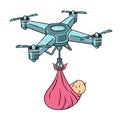 Drone stork with newborn baby pop art vector Royalty Free Stock Photo