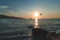 The drone in the sunset sky. ocean wave mountains Close up of quadrocopter outdoors. concept for film maker wedding videography