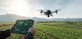 The drone surveying agricultural fields with data displayed on a tablet. AI generated image Royalty Free Stock Photo