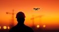 Drone surveying construction site at sunset Royalty Free Stock Photo