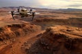 drone surveying terrain near mars habitat