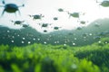 Drone Swarm Flying in Formation Over Green Field
