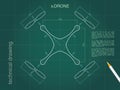 Drone technical design. Green paper drawing top drone vector