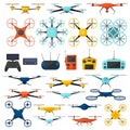 Drone technology aerial gadgets, unmanned aerial quadcopters. Modern multicolored aerial copters vector symbols set