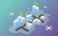 Drone technology flying in top of smart city with isometric modern flat style - vector