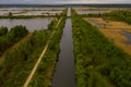 Drone top down view of abandoned canal. Nature taking back the land