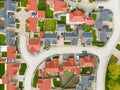 Drone top down view of new bungalow housing development in rural England. Royalty Free Stock Photo