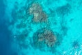 Drone top view of emerald reef in turquoise sea. Soothing ocean landscape. Sanma, Vanuatu. Tourism