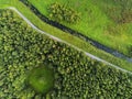 Drone top view on a park scene, Small creek and walking path, Round shape meadow in a forest Royalty Free Stock Photo