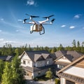 Picture of a drone transporting boxes of goods. In the vanilla sky above people\'s houses.