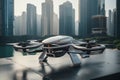 Drone Transporting Financial Sheets Amidst Urban Towers