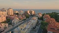 Drone twilight coastal town placed at endless ocean. Wonderful seaside town Royalty Free Stock Photo