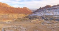 DRONE: Two cargo lorries meet while driving through the wintry canyon in Utah. Royalty Free Stock Photo