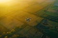 Drone UAV flying above bombarded battlefield, Ukraine Russia war, Generative AI