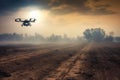 Drone UAV flying above bombarded battlefield, Ukraine Russia war, Generative AI