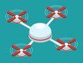 Drone vector copter icon. Flat bicolor red and white aircraft symbol, rounded angles blue background