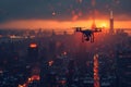 A drone with a video camera flying over the night city Royalty Free Stock Photo