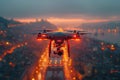 A drone with a video camera flying over the night city in rainy weather Royalty Free Stock Photo