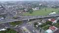 Drone video footage view showing Yogyakarta cityscape with busy traffic and buildings